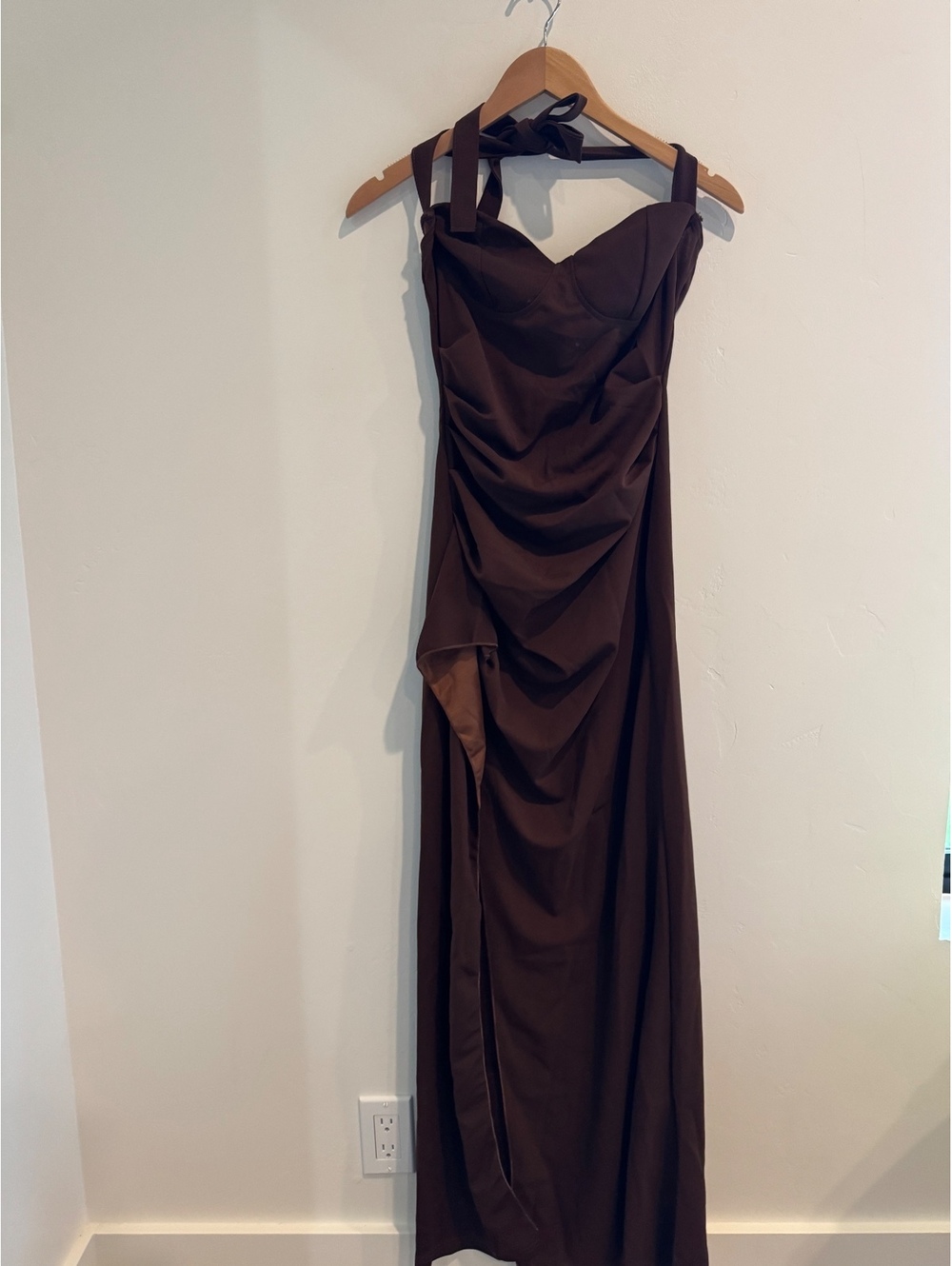 Chocolate Brown Ruched Corset Maxi Dress Halter Neck S/M NWOT
